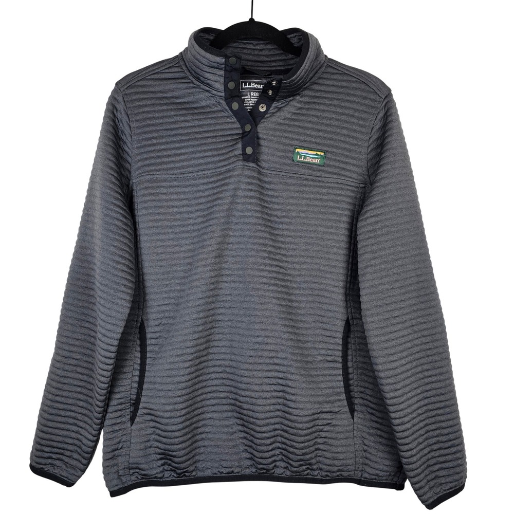 LL Bean Women's AirLight Knit Pullover‎ Snap Mock Neck Gray Ribbed 506463 Large